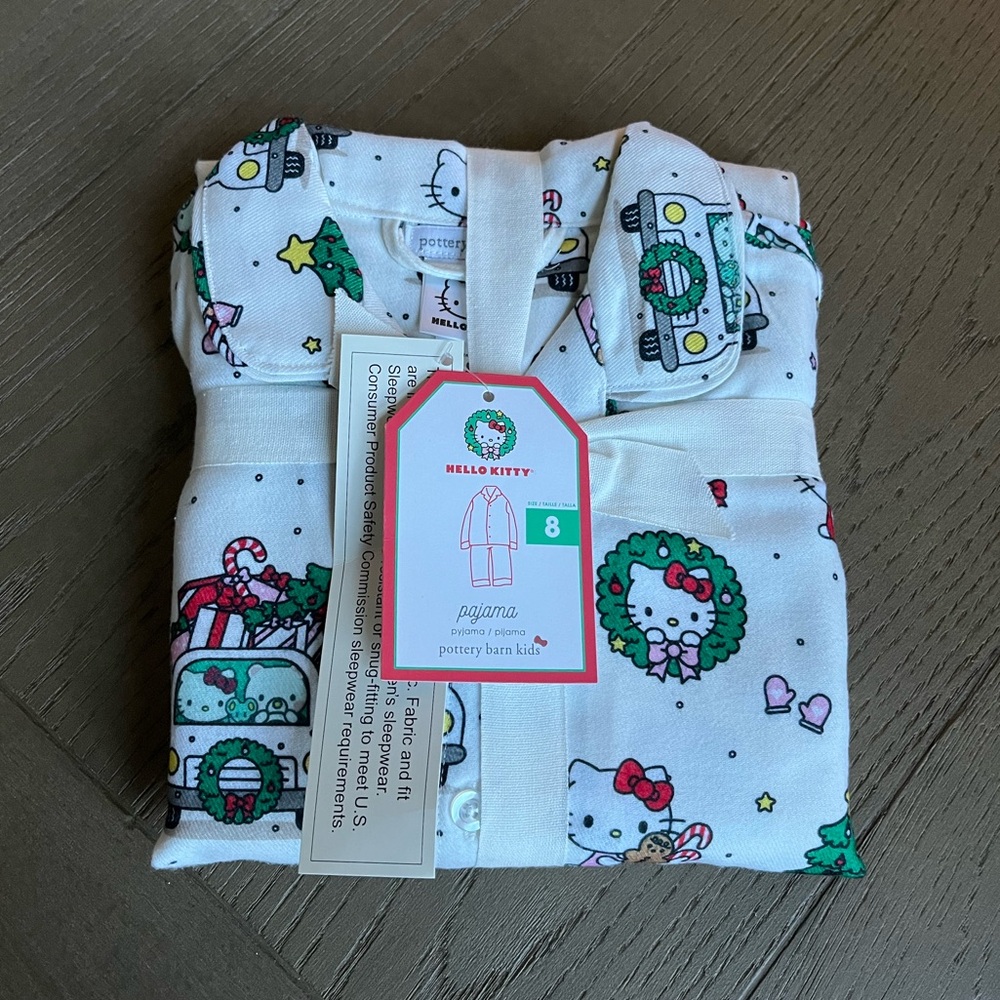 Pottery Barn Hello Kitty Kids Holiday Organic Pajamas Girl 8 Christmas PJs NWT!!